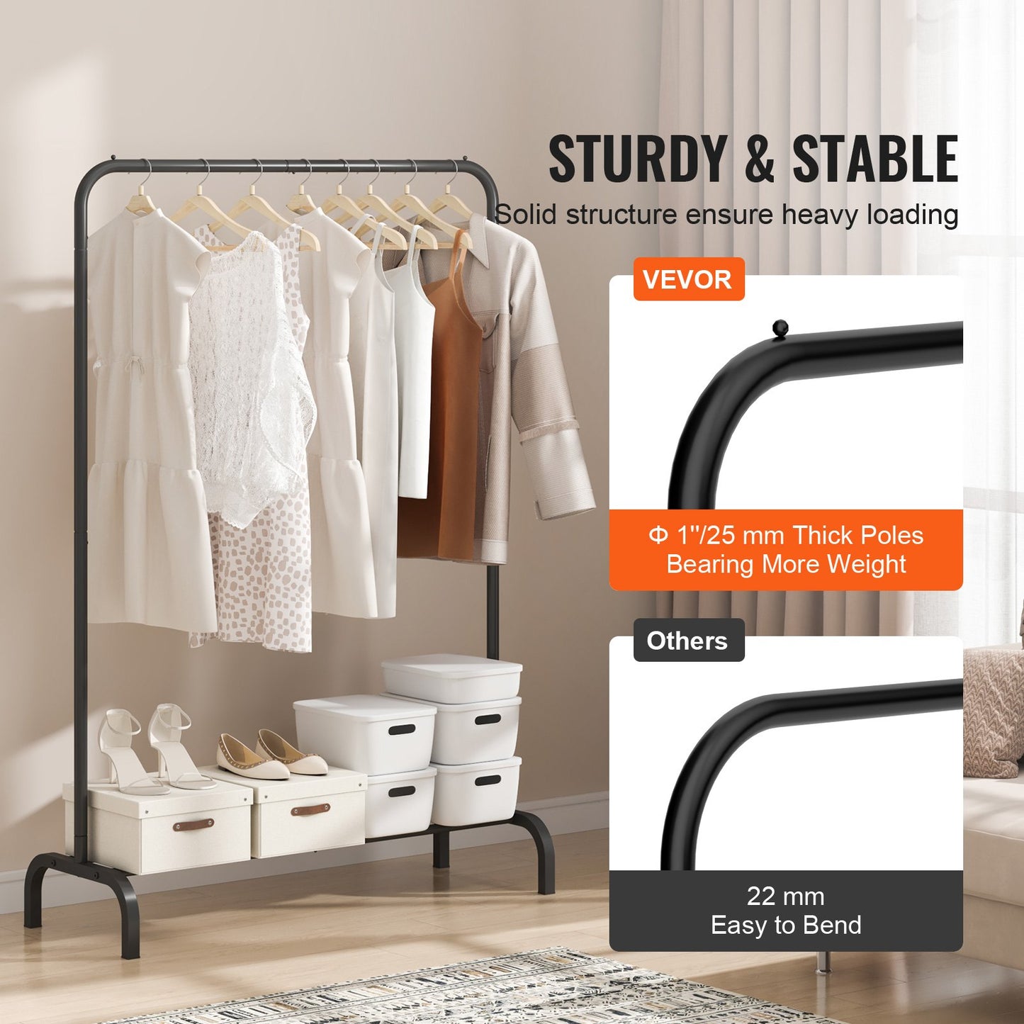 Clothes Rack, Heavy Duty Clothing Garment Rack with Hanging Rod and Bottom Storage Area, Clothing Rack for Bedroom Guest Room