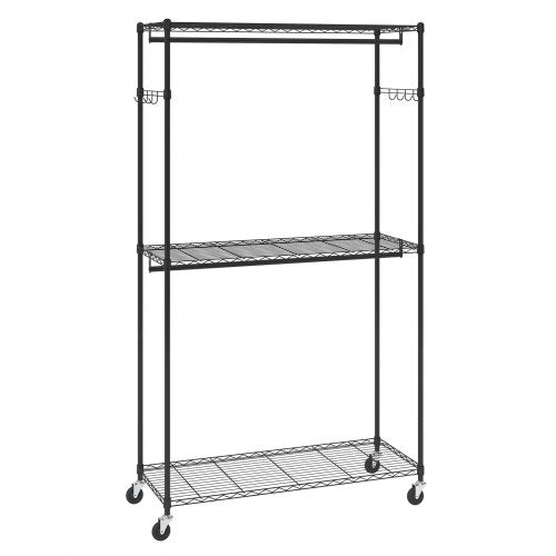 Heavy Duty Clothes Rack, Rolling Clothing Garment Rack with 3 Storage Tiers, 2 Rods and 2 Pairs Side Hooks, Adjustable Height Clothing Rack Closet for Hanging Clothes, 400 Lbs Load Capacity