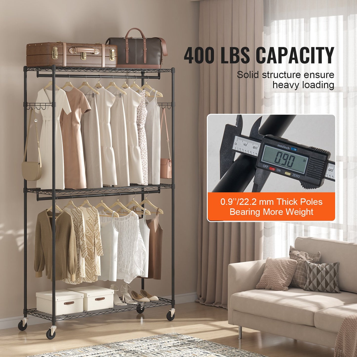Heavy Duty Clothes Rack, Rolling Clothing Garment Rack with 3 Storage Tiers, 2 Rods and 2 Pairs Side Hooks, Adjustable Height Clothing Rack Closet for Hanging Clothes, 400 Lbs Load Capacity