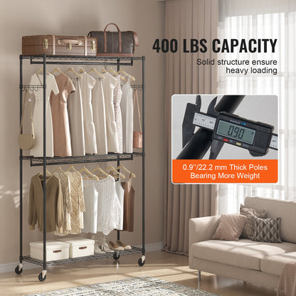Heavy Duty Clothes Rack, Rolling Clothing Garment Rack with 3 Storage Tiers, 2 Rods and 2 Pairs Side Hooks, Adjustable Height Clothing Rack Closet for Hanging Clothes, 400 Lbs Load Capacity
