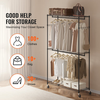 Heavy Duty Clothes Rack, Rolling Clothing Garment Rack with 3 Storage Tiers, 2 Rods and 2 Pairs Side Hooks, Adjustable Height Clothing Rack Closet for Hanging Clothes, 400 Lbs Load Capacity