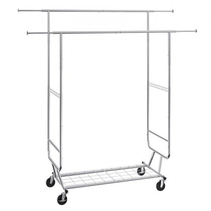 Heavy Duty Clothes Rack, Double Hanging Rod Clothing Garment Rack for Hanging Clothes, Adjustable Height and Extendable Length Clothing Rack with Bottom Storage Area, 600 lbs Load Capacity