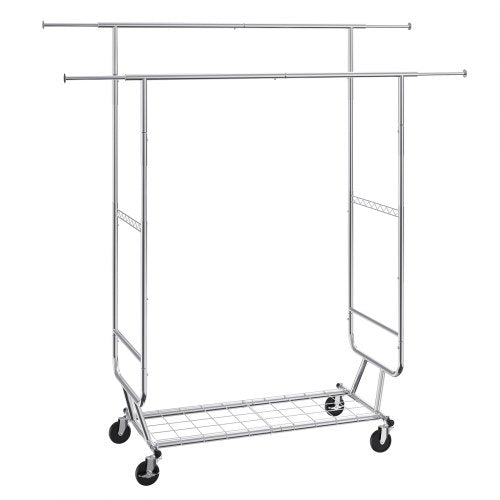 Heavy Duty Clothes Rack, Double Hanging Rod Clothing Garment Rack for Hanging Clothes, Adjustable Height and Extendable Length Clothing Rack with Bottom Storage Area, 600 lbs Load Capacity