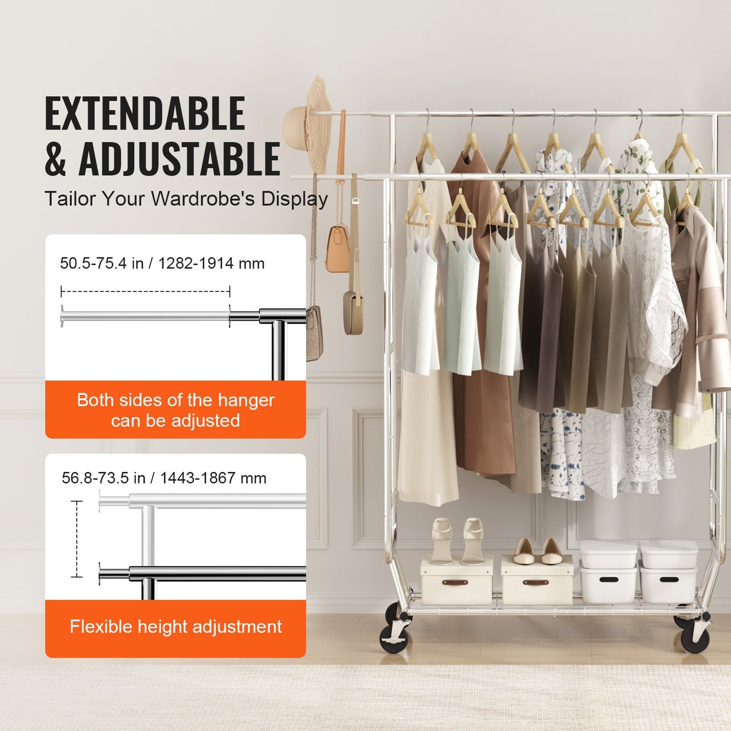 Heavy Duty Clothes Rack, Double Hanging Rod Clothing Garment Rack for Hanging Clothes, Adjustable Height and Extendable Length Clothing Rack with Bottom Storage Area, 600 lbs Load Capacity