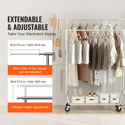Heavy Duty Clothes Rack, Double Hanging Rod Clothing Garment Rack for Hanging Clothes, Adjustable Height and Extendable Length Clothing Rack with Bottom Storage Area, 600 lbs Load Capacity