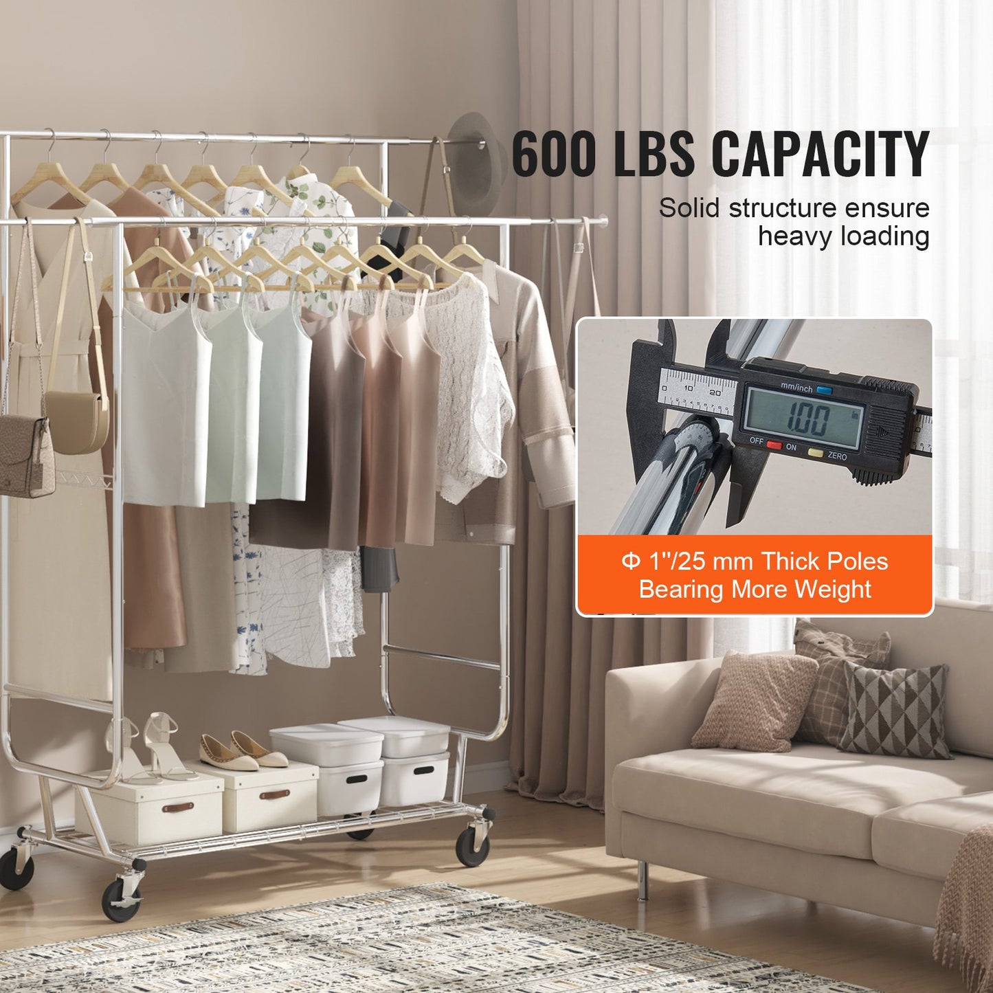 Heavy Duty Clothes Rack, Double Hanging Rod Clothing Garment Rack for Hanging Clothes, Adjustable Height and Extendable Length Clothing Rack with Bottom Storage Area, 600 lbs Load Capacity