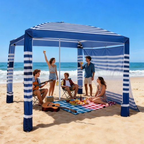 Beach Cabana, 8 x 8 ft Beach Canopy with Side Wall, UPF 50+ Protection Easy Setup Cabana Tent with Sand Pockets, Adjustable Height Portable Shade Sun Shelter Umbrella for Family, Navy Stripes
