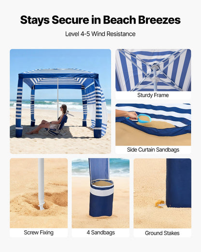 Beach Cabana, 8 x 8 ft Beach Canopy with Side Wall, UPF 50+ Protection Easy Setup Cabana Tent with Sand Pockets, Adjustable Height Portable Shade Sun Shelter Umbrella for Family, Navy Stripes