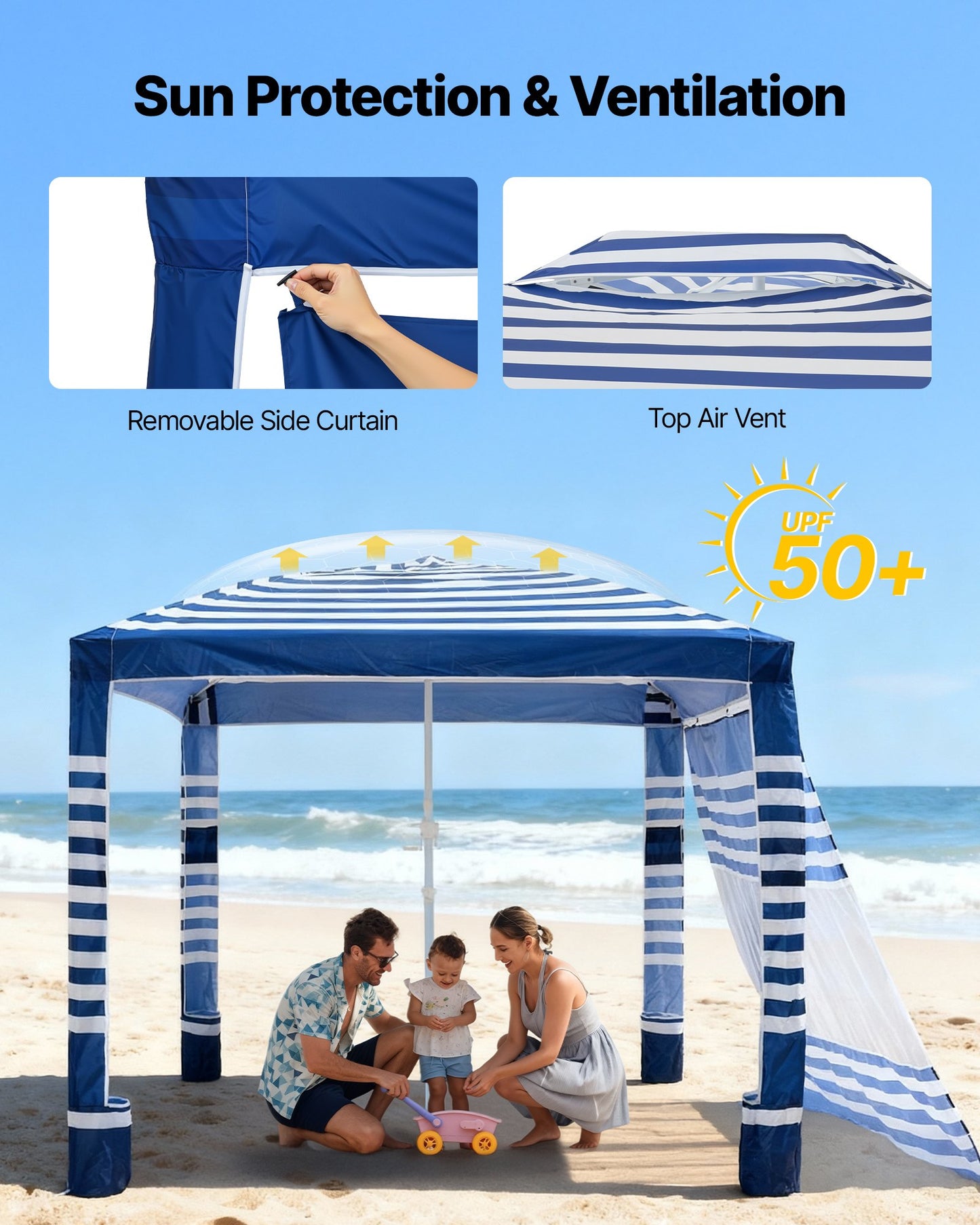 Beach Cabana, 8 x 8 ft Beach Canopy with Side Wall, UPF 50+ Protection Easy Setup Cabana Tent with Sand Pockets, Adjustable Height Portable Shade Sun Shelter Umbrella for Family, Navy Stripes