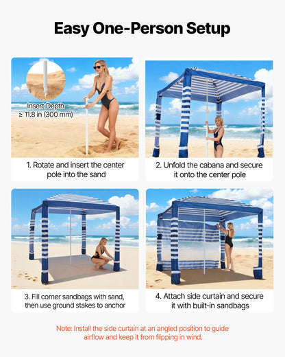 Beach Cabana, 8 x 8 ft Beach Canopy with Side Wall, UPF 50+ Protection Easy Setup Cabana Tent with Sand Pockets, Adjustable Height Portable Shade Sun Shelter Umbrella for Family, Navy Stripes