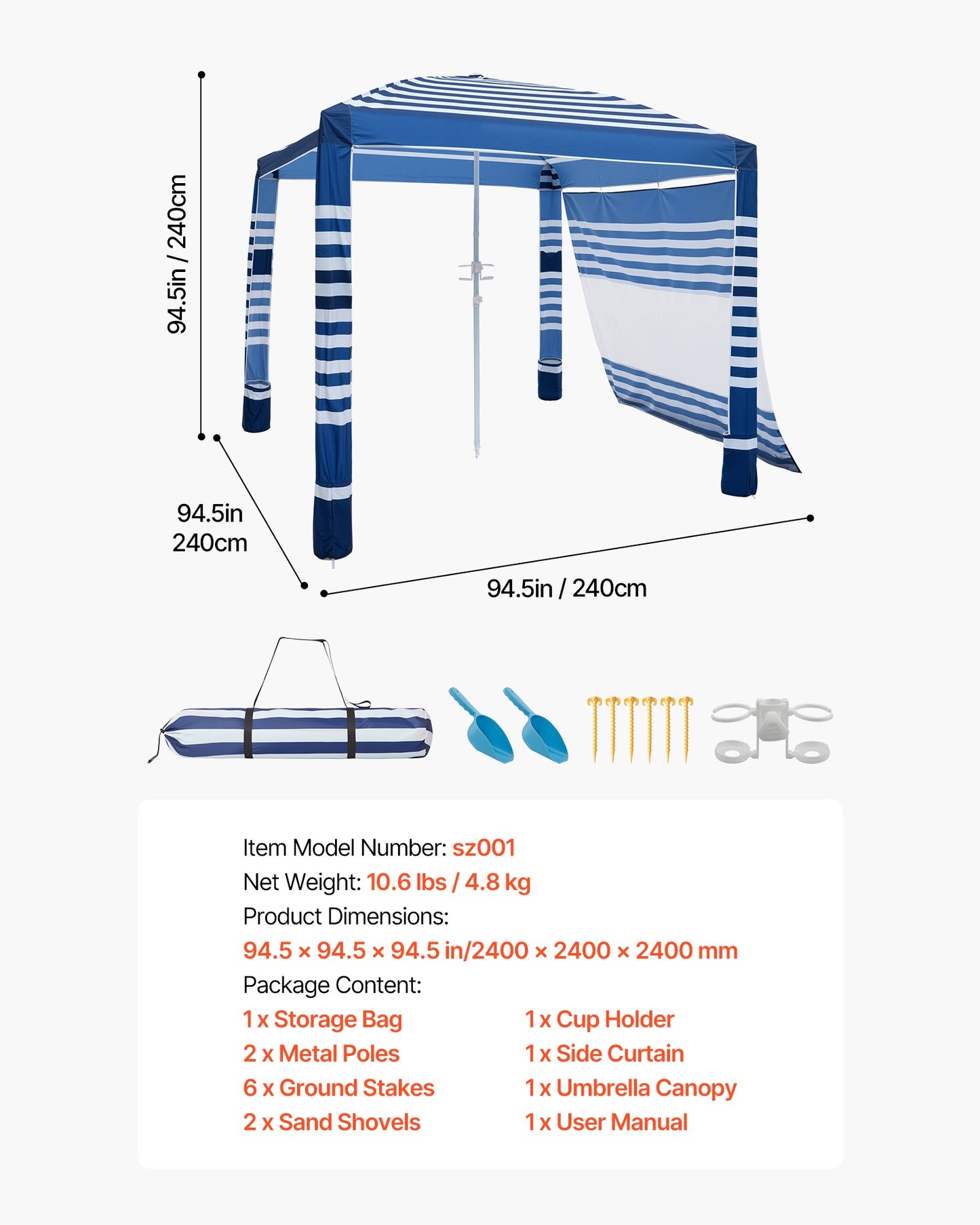 Beach Cabana, 8 x 8 ft Beach Canopy with Side Wall, UPF 50+ Protection Easy Setup Cabana Tent with Sand Pockets, Adjustable Height Portable Shade Sun Shelter Umbrella for Family, Navy Stripes