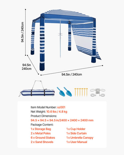 Beach Cabana, 8 x 8 ft Beach Canopy with Side Wall, UPF 50+ Protection Easy Setup Cabana Tent with Sand Pockets, Adjustable Height Portable Shade Sun Shelter Umbrella for Family, Navy Stripes