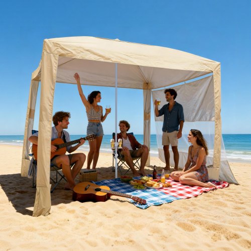 Beach Cabana, 8 x 8 ft Beach Canopy with Side Wall, UPF 50+ Protection Easy Setup Cabana Tent with Sand Pockets, Adjustable Height Portable Shade Sun Shelter Umbrella for Family & Friends, Khaki