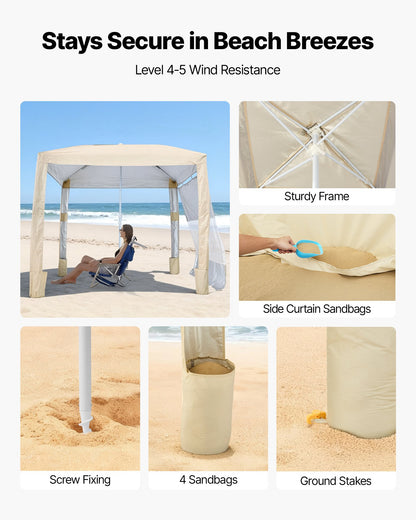 Beach Cabana, 8 x 8 ft Beach Canopy with Side Wall, UPF 50+ Protection Easy Setup Cabana Tent with Sand Pockets, Adjustable Height Portable Shade Sun Shelter Umbrella for Family & Friends, Khaki