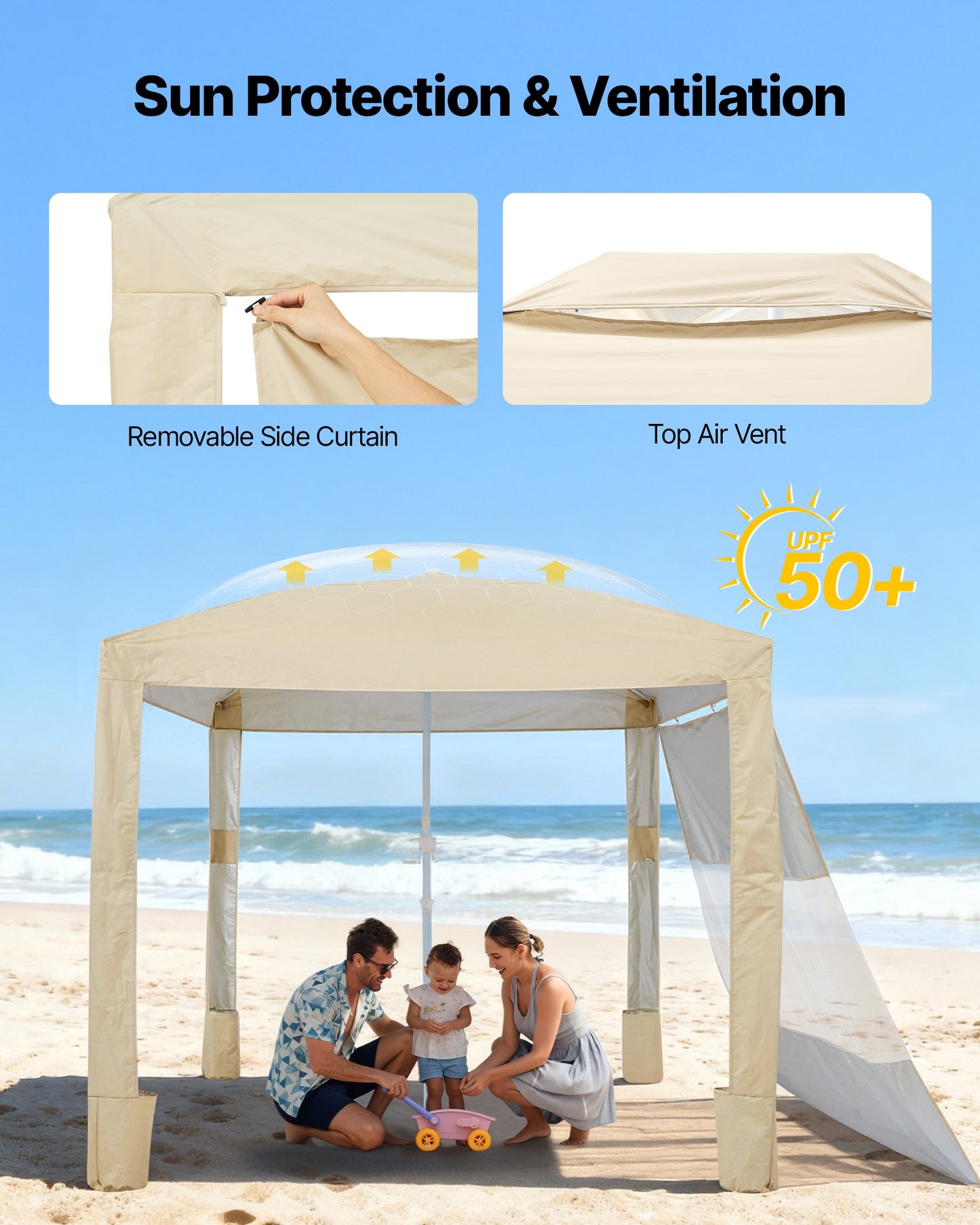 Beach Cabana, 8 x 8 ft Beach Canopy with Side Wall, UPF 50+ Protection Easy Setup Cabana Tent with Sand Pockets, Adjustable Height Portable Shade Sun Shelter Umbrella for Family & Friends, Khaki