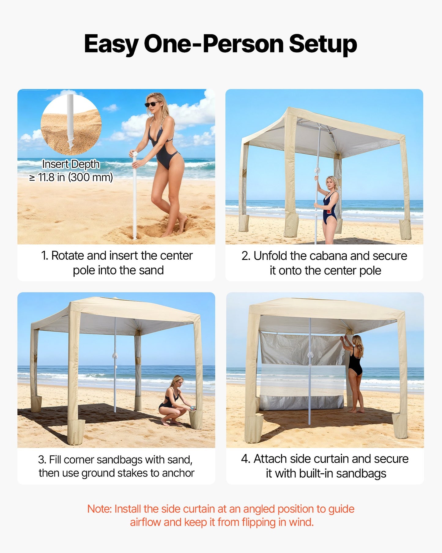 Beach Cabana, 8 x 8 ft Beach Canopy with Side Wall, UPF 50+ Protection Easy Setup Cabana Tent with Sand Pockets, Adjustable Height Portable Shade Sun Shelter Umbrella for Family & Friends, Khaki
