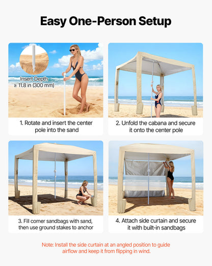 Beach Cabana, 8 x 8 ft Beach Canopy with Side Wall, UPF 50+ Protection Easy Setup Cabana Tent with Sand Pockets, Adjustable Height Portable Shade Sun Shelter Umbrella for Family & Friends, Khaki