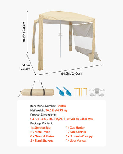 Beach Cabana, 8 x 8 ft Beach Canopy with Side Wall, UPF 50+ Protection Easy Setup Cabana Tent with Sand Pockets, Adjustable Height Portable Shade Sun Shelter Umbrella for Family & Friends, Khaki