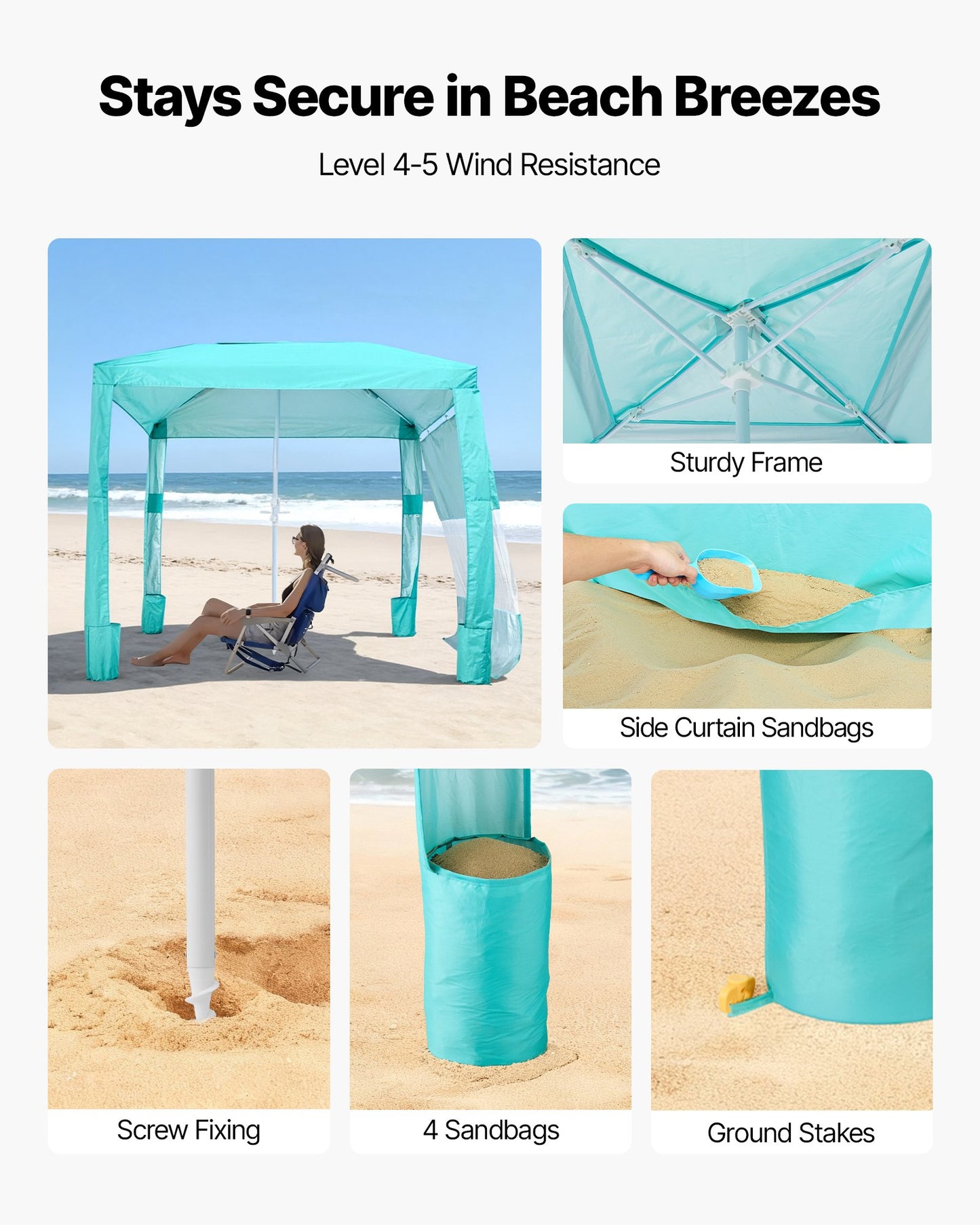 Beach Cabana, 8 x 8 ft Beach Canopy with Side Wall, UPF 50+ Protection Easy Setup Cabana Tent with Sand Pockets, Adjustable Height Portable Shade Sun Shelter Umbrella for Family & Friends, Green