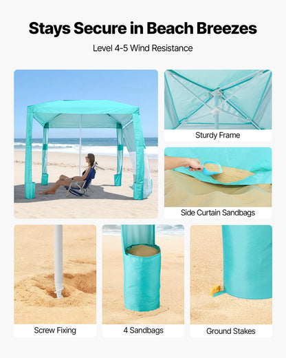 Beach Cabana, 8 x 8 ft Beach Canopy with Side Wall, UPF 50+ Protection Easy Setup Cabana Tent with Sand Pockets, Adjustable Height Portable Shade Sun Shelter Umbrella for Family & Friends, Green