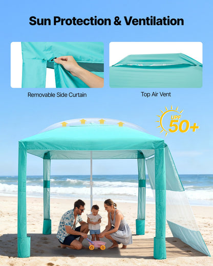 Beach Cabana, 8 x 8 ft Beach Canopy with Side Wall, UPF 50+ Protection Easy Setup Cabana Tent with Sand Pockets, Adjustable Height Portable Shade Sun Shelter Umbrella for Family & Friends, Green