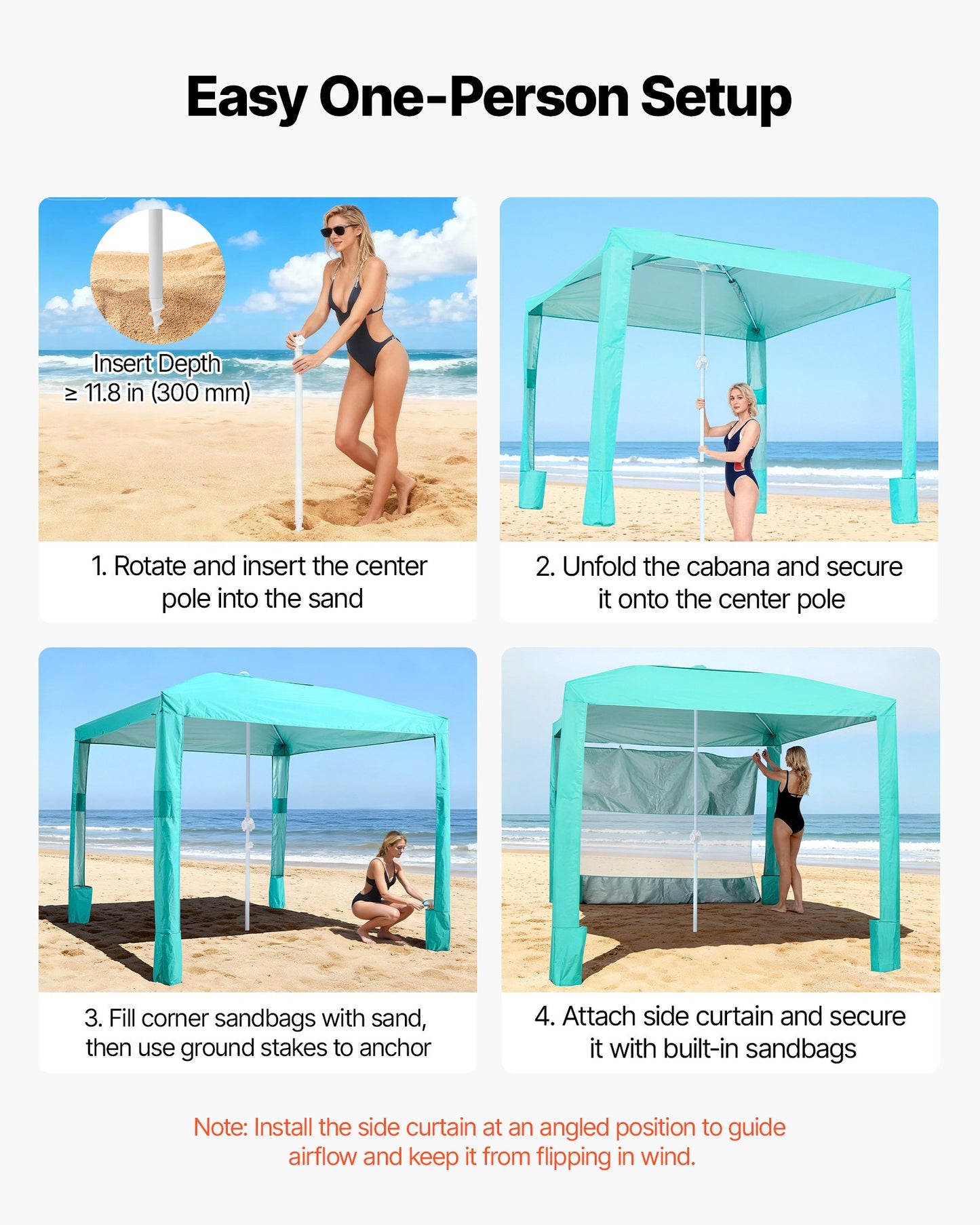Beach Cabana, 8 x 8 ft Beach Canopy with Side Wall, UPF 50+ Protection Easy Setup Cabana Tent with Sand Pockets, Adjustable Height Portable Shade Sun Shelter Umbrella for Family & Friends, Green