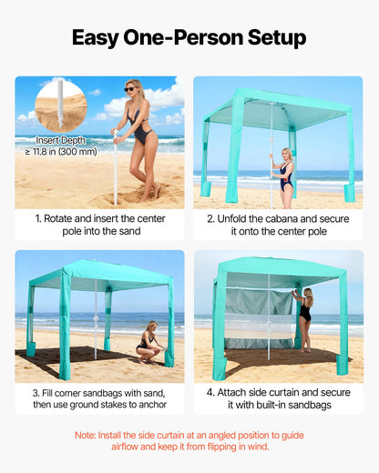 Beach Cabana, 8 x 8 ft Beach Canopy with Side Wall, UPF 50+ Protection Easy Setup Cabana Tent with Sand Pockets, Adjustable Height Portable Shade Sun Shelter Umbrella for Family & Friends, Green