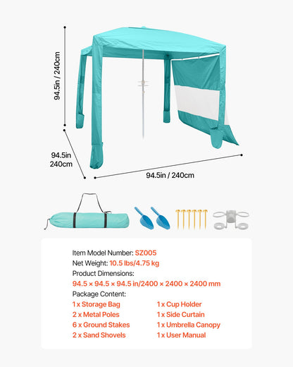 Beach Cabana, 8 x 8 ft Beach Canopy with Side Wall, UPF 50+ Protection Easy Setup Cabana Tent with Sand Pockets, Adjustable Height Portable Shade Sun Shelter Umbrella for Family & Friends, Green