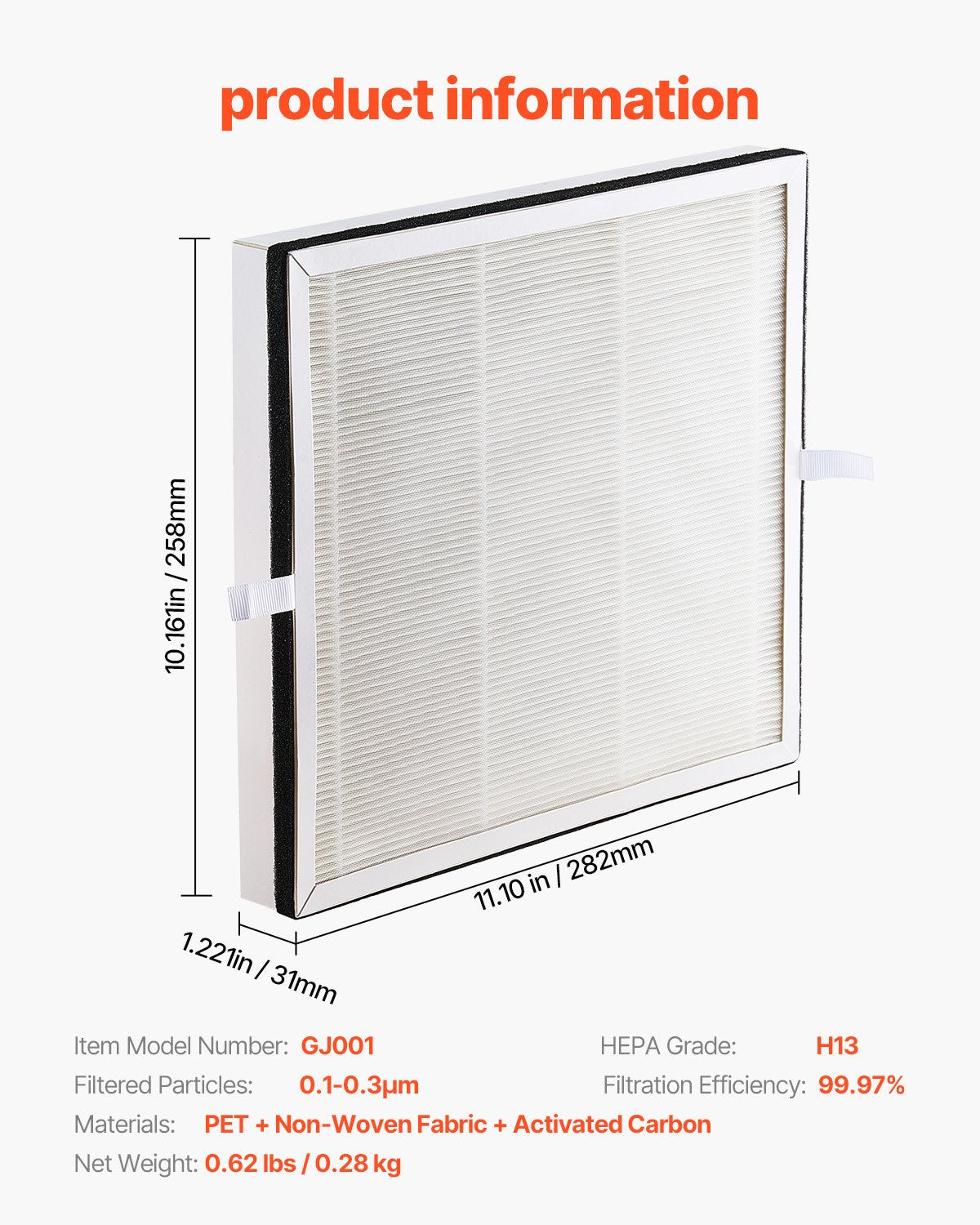 Air Purifier Replacement Filter, H13, 3-in-1 Compact & Lightweight Replacement Filter with Sturdy PET Pre-Filter, Easy-to-Grab Purifier Filter with Activated Carbon, Fit for Square Purifier