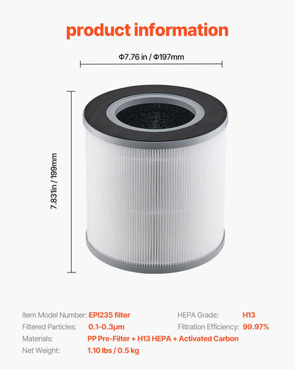 Air Purifier Replacement Filter, H13, 3-in-1 Compact & Lightweight Replacement Filter with PP Pre-Filter, Easy-to-Grab Purifier Filter with Activated Carbon, Fit for Cylindrical Purifier