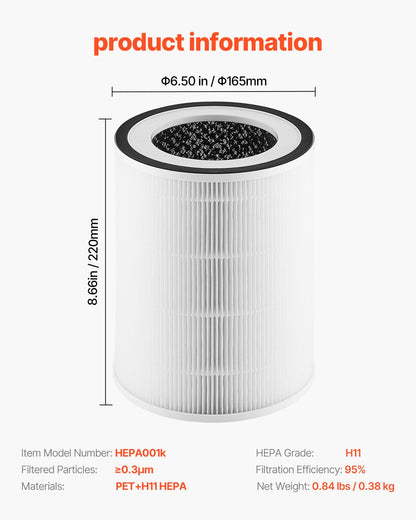Air Purifier Replacement Filter, H11, 2-in-1 Compact & Lightweight Replacement Filter with PET Pre-Filter, Easy-to-Grab Purifier Filter with Non-Woven Fabric, Fit for Cylindrical Purifier