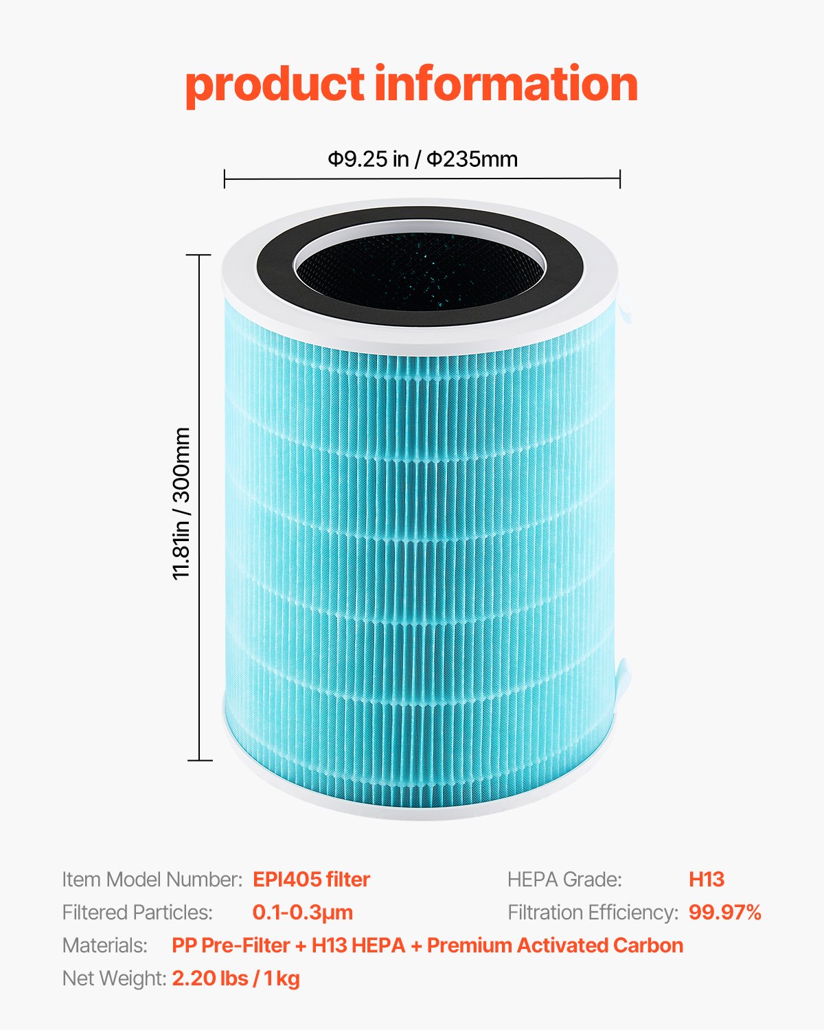 Air Purifier Replacement Filter, H13, 3-in-1 Compact & Lightweight Replacement Filter with Sturdy PP Pre-Filter, Easy-to-Grab Purifier Filter with Activated Carbon, Fit for Cylindrical Purifier