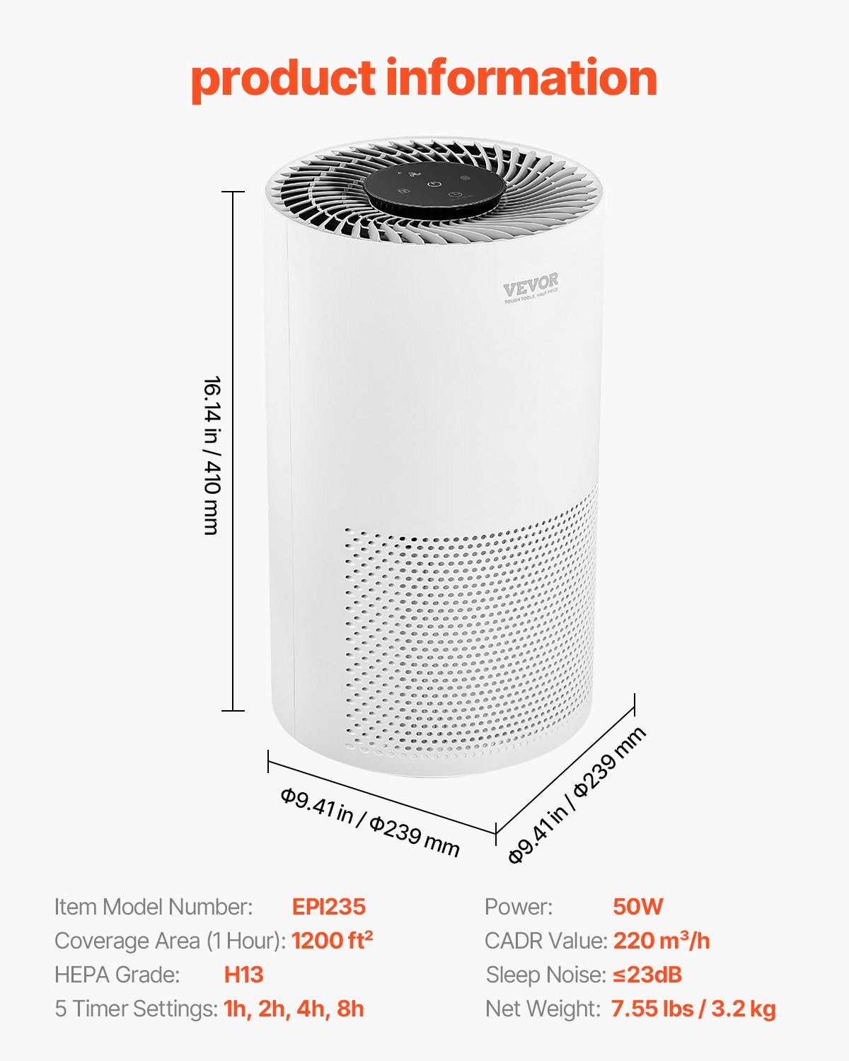 Air Purifier, H13 HEPA Layer, 1200 ft²/h Smart Air Purifier with Speed Control & Child Lock Guard, Efficient Air Cleaner with Convenient Touch Panel & 23 dB Sleep Mode, Fit for Home & Office