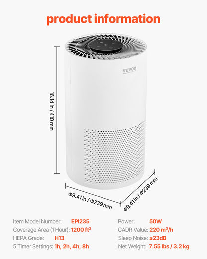 Air Purifier, H13 HEPA Layer, 1200 ft²/h Smart Air Purifier with Speed Control & Child Lock Guard, Efficient Air Cleaner with Convenient Touch Panel & 23 dB Sleep Mode, Fit for Home & Office