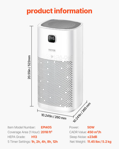 Air Purifier, H13 HEPA Layer, 2018 ft²/h Smart Air Purifier with Speed Control & Child Lock Guard, Efficient Air Cleaner with Convenient Touch Panel & 23 dB Sleep Mode, Fit for Home & Office