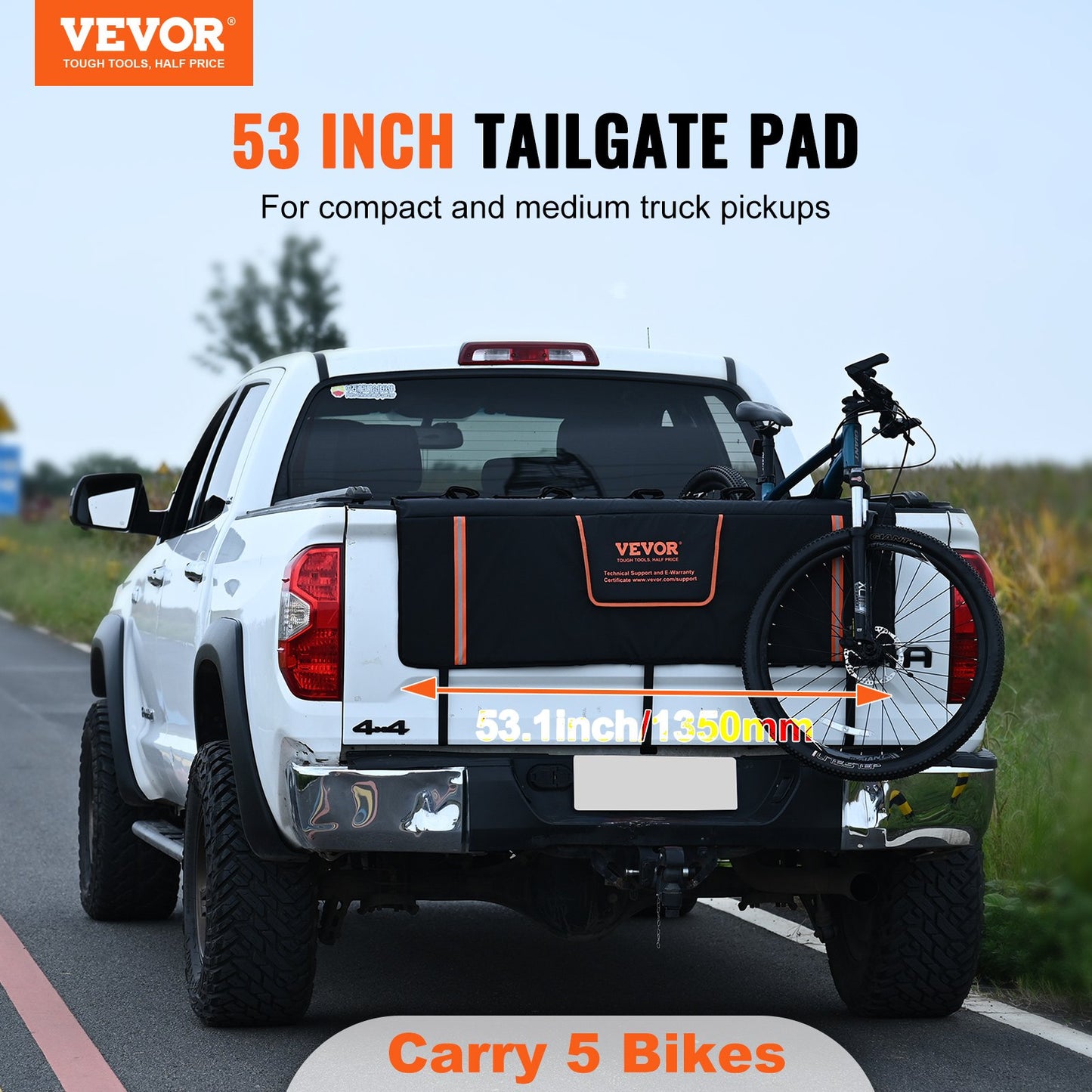 Tailgate bike pad, 53" truck tailgate for 5 mountain bikes, tailgate protector pad with reflective strips and tool pockets, tailgate pad with camera opening for mid-sized pickups