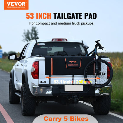 Tailgate bike pad, 53" truck tailgate for 5 mountain bikes, tailgate protector pad with reflective strips and tool pockets, tailgate pad with camera opening for mid-sized pickups