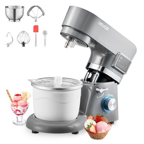 Ice Cream Maker, 1.8 Qt. Capacity, 6-Speed Electric Stand Mixer, with LED Digital Display & Timer, Mixing Paddle, Dough Hook, Splash Guard, for Homemade Frozen Yogurt Fruit Sorbet Gelato, Grey