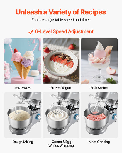 Ice Cream Maker, 1.8 Qt. Capacity, 6-Speed Electric Stand Mixer, with LED Digital Display & Timer, Mixing Paddle, Dough Hook, Splash Guard, for Homemade Frozen Yogurt Fruit Sorbet Gelato, Grey