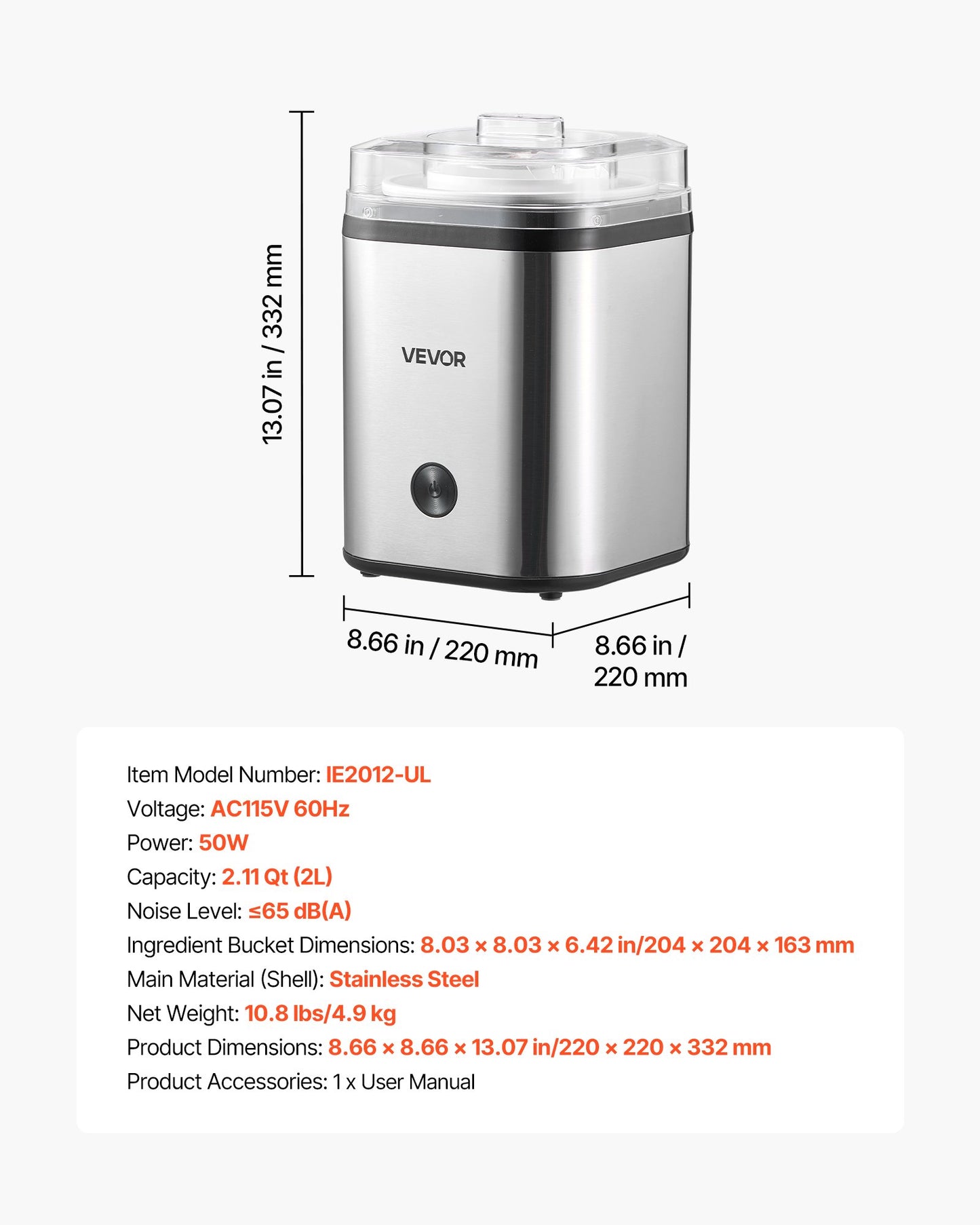 Ice Cream Maker, 2.11 Qt. Large Capacity, Electric Automatic Ice-Cream Machine, with Easy Operation & Cleaning, Stainless Steel Shell, for Homemade Frozen Yogurt, Fruit Sorbet, Gelato, Silver