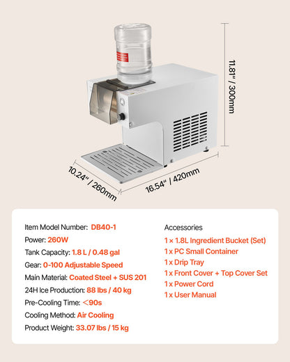 Snowflake Ice Machine, 88LBS/24H Snowflake Ice Maker, Ice-Shaver Machine with Stainless Steel Blade, Electric Snow Cone Maker with 0.48 Gal Tank, 90S Fast Pre-Cooling, for Home & Small Gathering