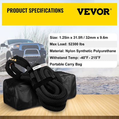 1-1/4" x 31,5" kinetisches Bergungs- und Abschleppseil, 52.300 lbs, strapazierfähiges doppelt geflochtenes kinetisches Energieseil aus Nylon, für ATV UTV Truck Offroad-Fahrzeuge, Tragetasche inklusive, schwarz