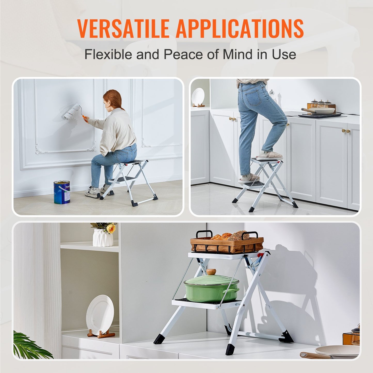 Trittleiter 2-stufig 150kg belastbar, ergonomischer klappbarer Tritthocker aus Stahl mit breitem Anti-Rutsch-Pedal, stabiler Tritthocker für Erwachsene Kleinkinder, vielseitig einsetzbar für Haushalt, Küche, Büro, Wohnmobil