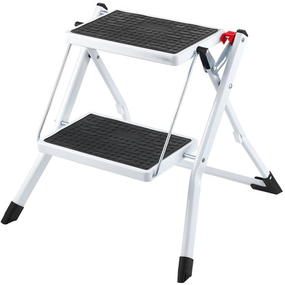 Trittleiter 2-stufig 150kg belastbar, ergonomischer klappbarer Tritthocker aus Stahl mit breitem Anti-Rutsch-Pedal, stabiler Tritthocker für Erwachsene Kleinkinder, vielseitig einsetzbar für Haushalt, Küche, Büro, Wohnmobil
