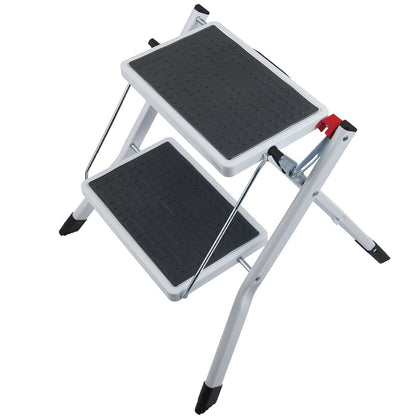 Trittleiter 2-stufig 150kg belastbar, ergonomischer klappbarer Tritthocker aus Stahl mit breitem Anti-Rutsch-Pedal, stabiler Tritthocker für Erwachsene Kleinkinder, vielseitig einsetzbar für Haushalt, Küche, Büro, Wohnmobil