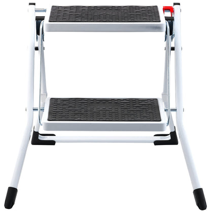Trittleiter 2-stufig 150kg belastbar, ergonomischer klappbarer Tritthocker aus Stahl mit breitem Anti-Rutsch-Pedal, stabiler Tritthocker für Erwachsene Kleinkinder, vielseitig einsetzbar für Haushalt, Küche, Büro, Wohnmobil