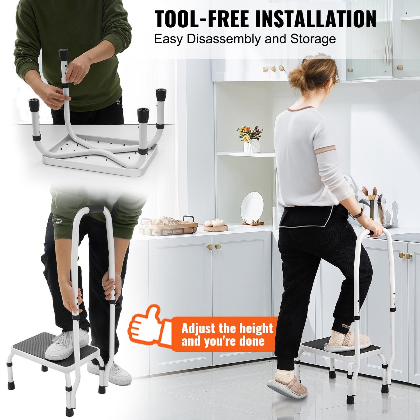 Step Stool 1-Step 330lbs Capacity, 3 Adjustable Height with Handle Steel Step Ladder, Portable Toddler Step Stools for Adults, Non-Slip Sturdy Step Ladders for Office, RVs, Pets