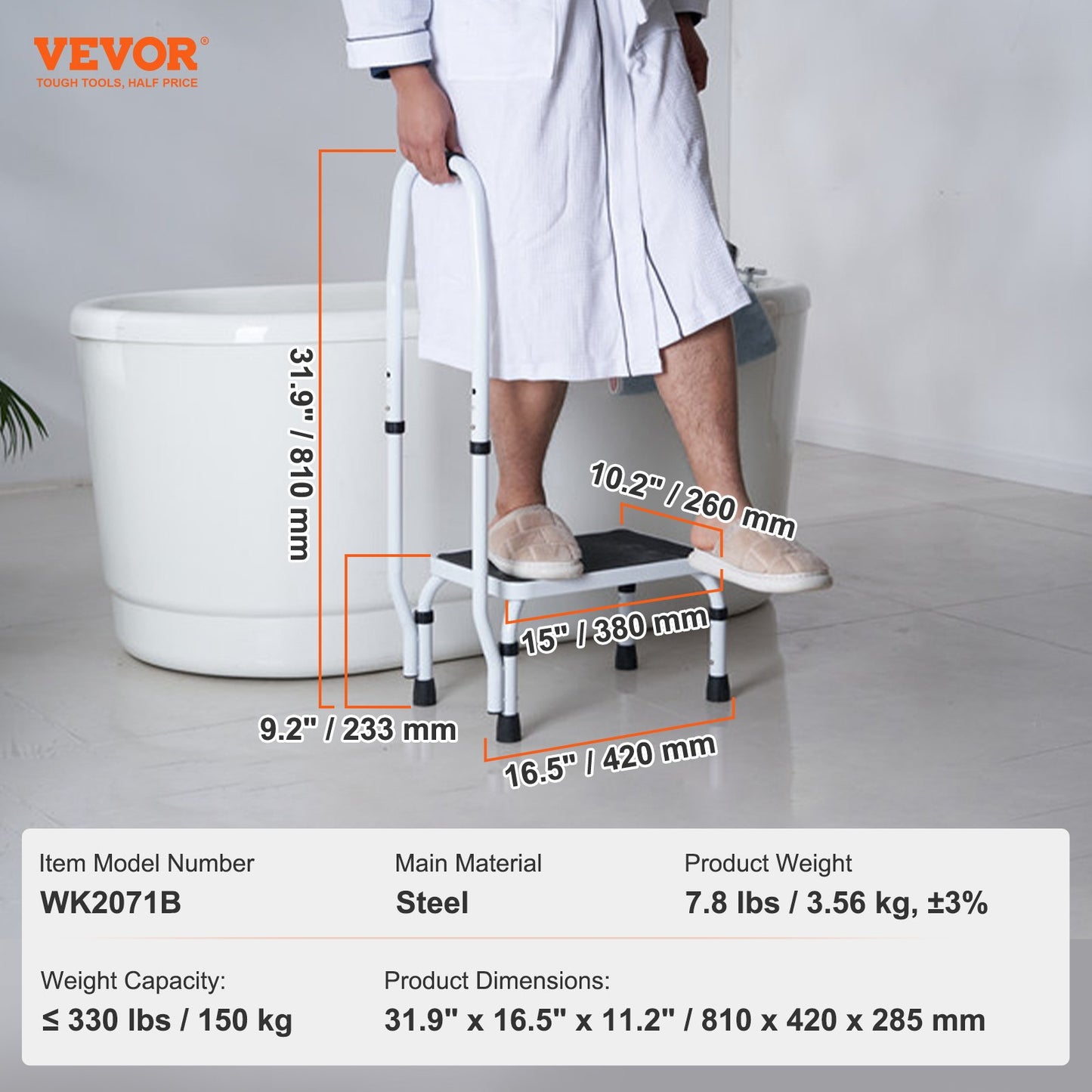 Step Stool 1-Step 330lbs Capacity, 3 Adjustable Height with Handle Steel Step Ladder, Portable Toddler Step Stools for Adults, Non-Slip Sturdy Step Ladders for Office, RVs, Pets