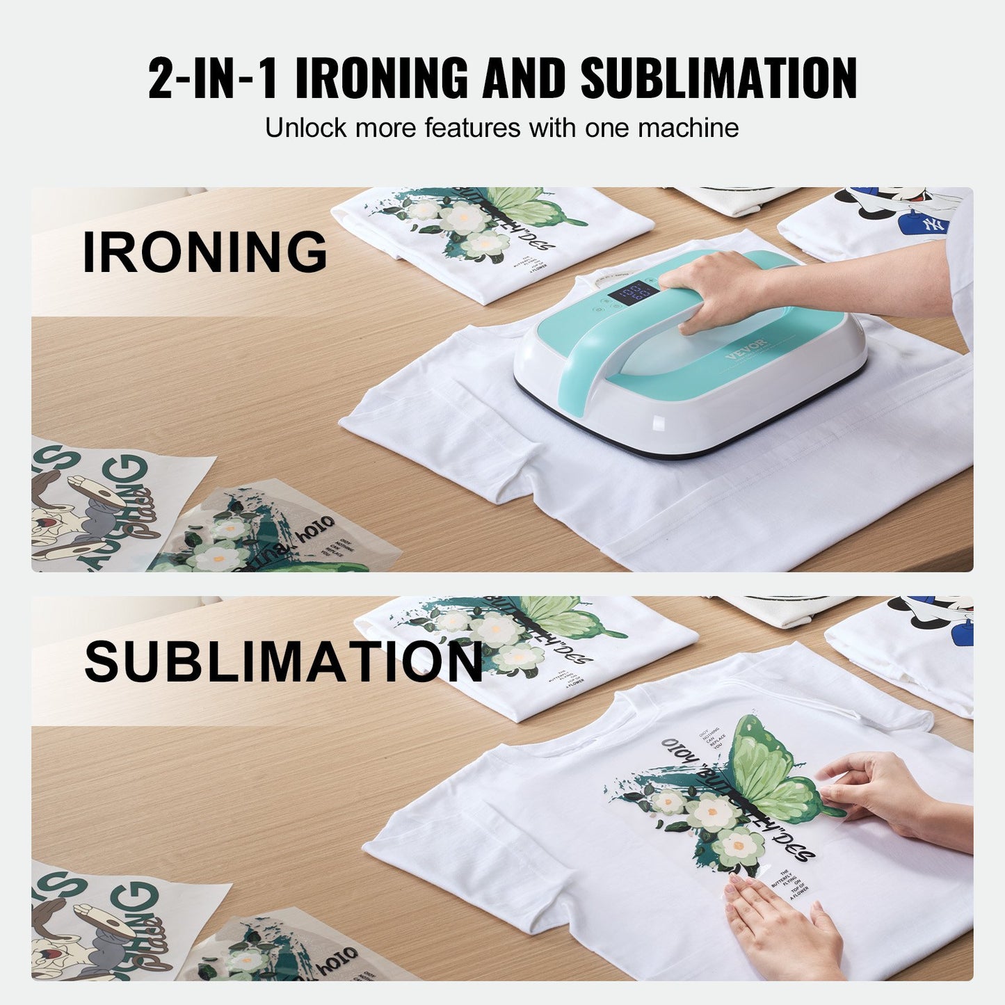 Heat Press Machine, 12 x 10 inches Portable Heat Press, Dual-Tube Even Heating, Heat Transfer Machine with Precise Temp Control and Auto-Off, Sublimation Machine for T-shirts/Bags, Green+White