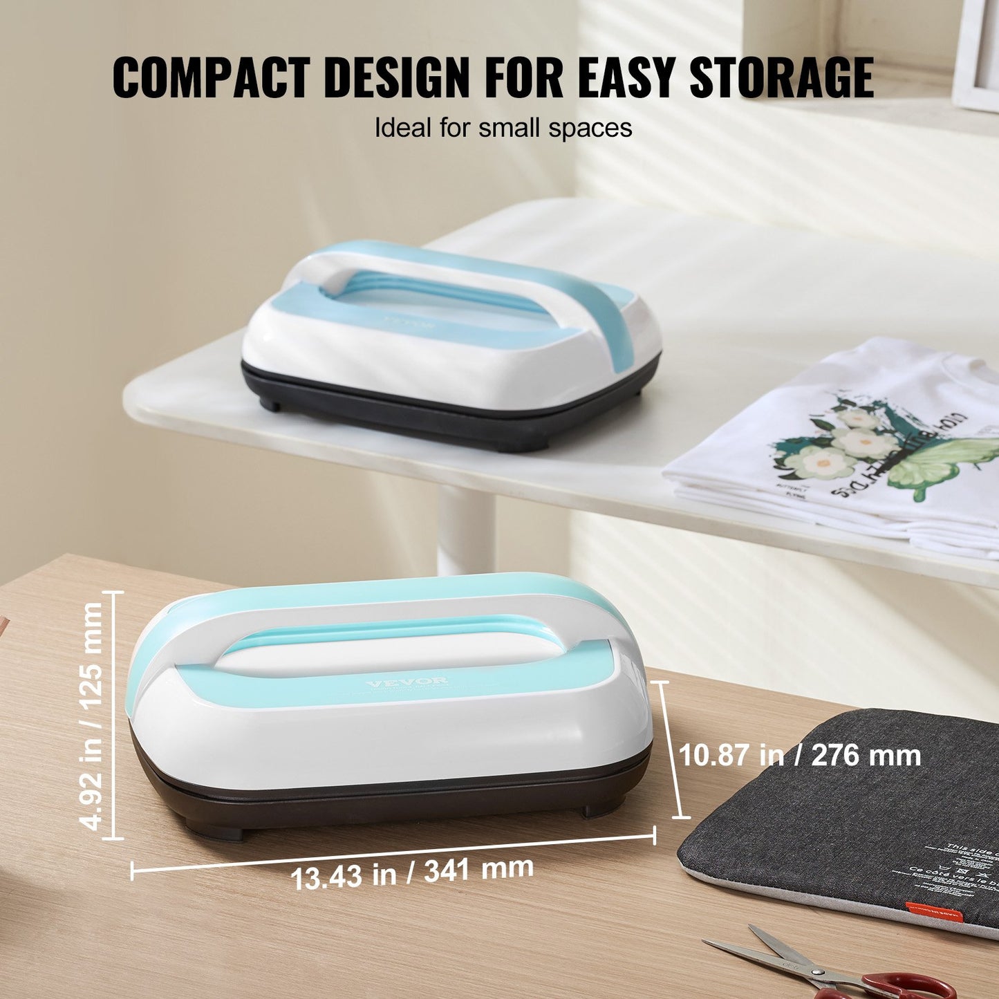 Heat Press Machine, 12 x 10 inches Portable Heat Press, Dual-Tube Even Heating, Heat Transfer Machine with Precise Temp Control and Auto-Off, Sublimation Machine for T-shirts/Bags, Blue+White